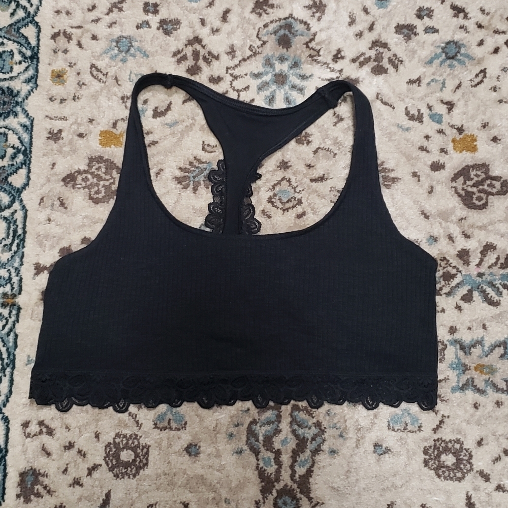 Aerie Ribbed Black Lace Trimmed Bralette